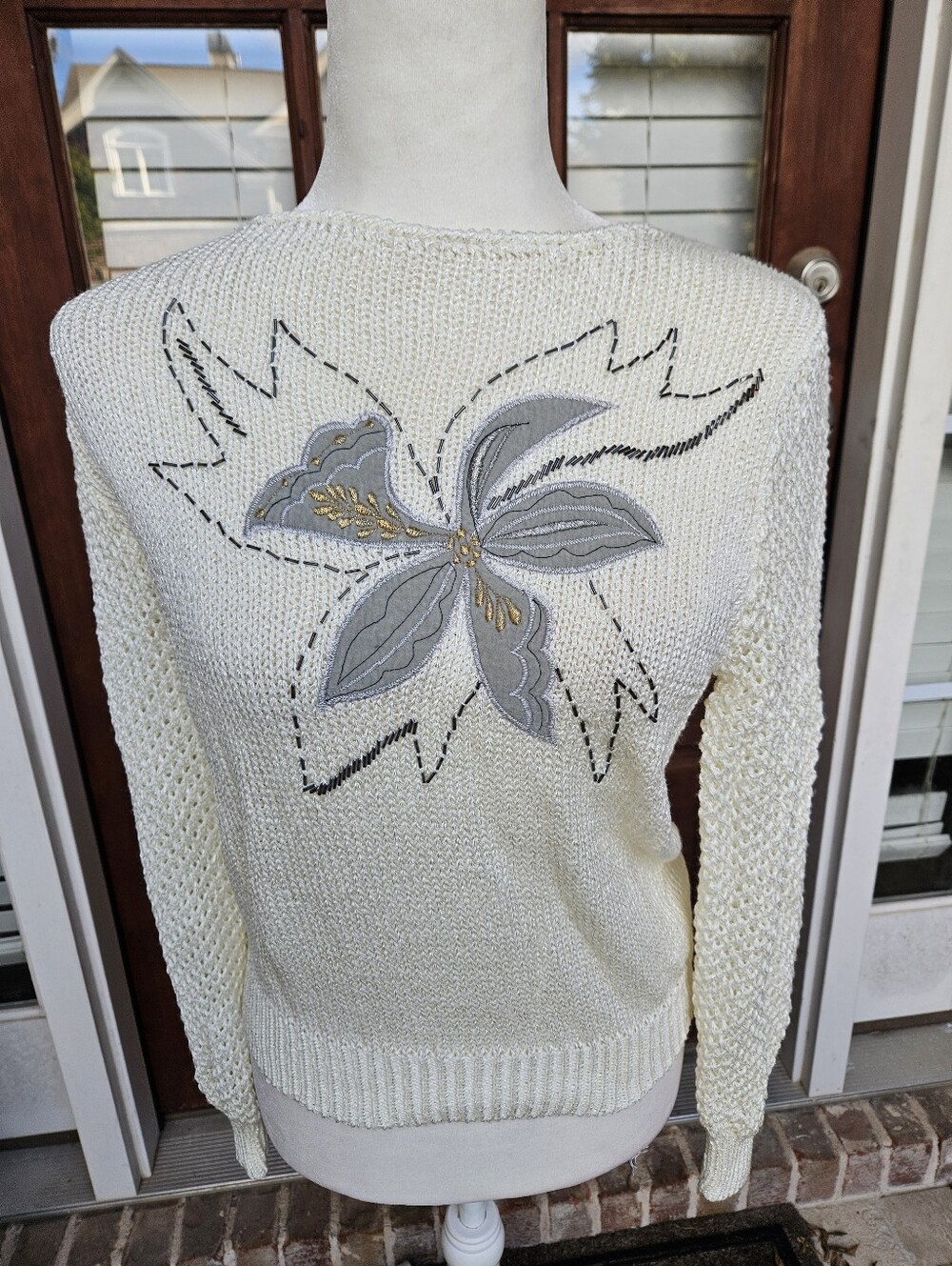 Lilly Of California Vintage Ivory Knit Sweater with Embroidered Floral Design